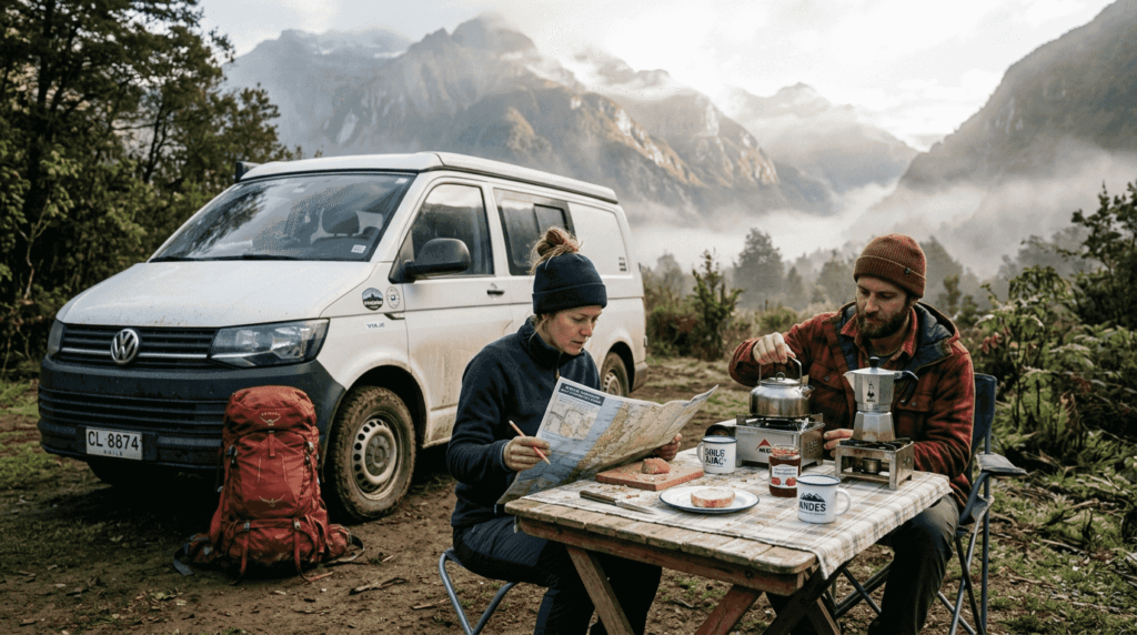 A couple enjoys Chilean nature next to their camper