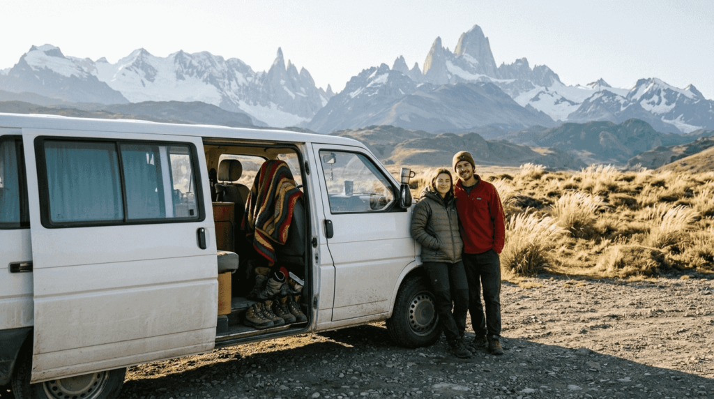 Una pareja disfruta del amanecer junto a su furgoneta en la Patagonia.