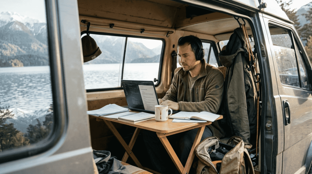 Trabajando desde una camper a orillas de un lago en el sur de Chile