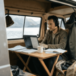 Trabajando desde una camper a orillas de un lago en el sur de Chile
