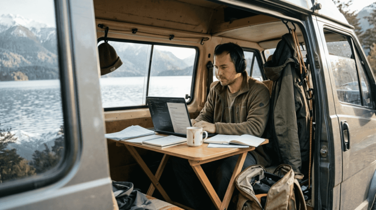 Trabajando desde una camper a orillas de un lago en el sur de Chile