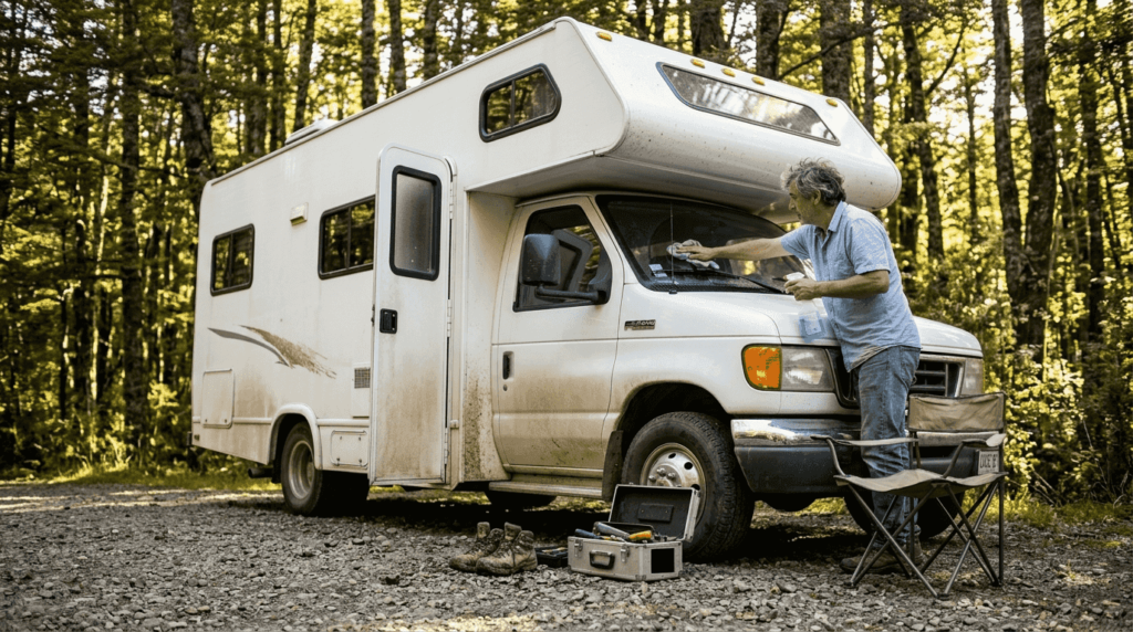 Dueño de la caravana limpiándola mientras está estacionado en un camino rural