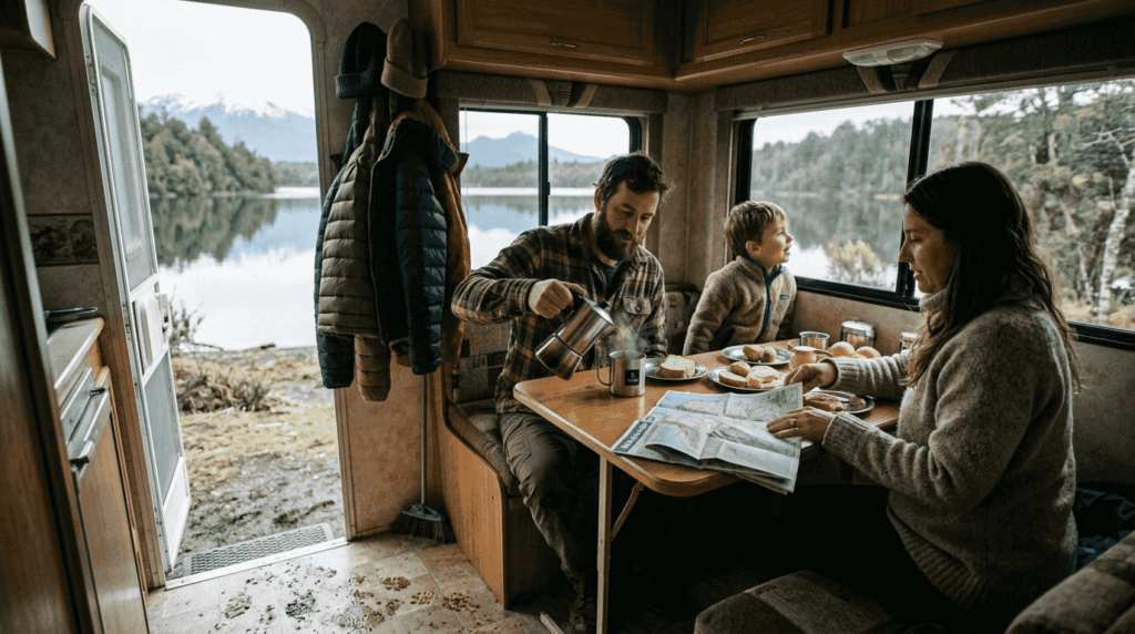 Una familia disfrutando el desayuno dentro de su casa rodante en Chile.