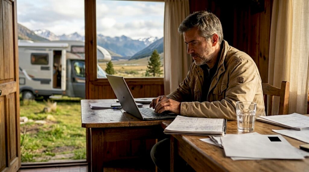 Dueño de una cabaña consultando la plataforma de Rollbnb desde su alojamiento