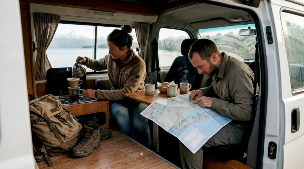 Una pareja disfruta de un desayuno dentro de su furgoneta camper en plena ruta por Chile.
