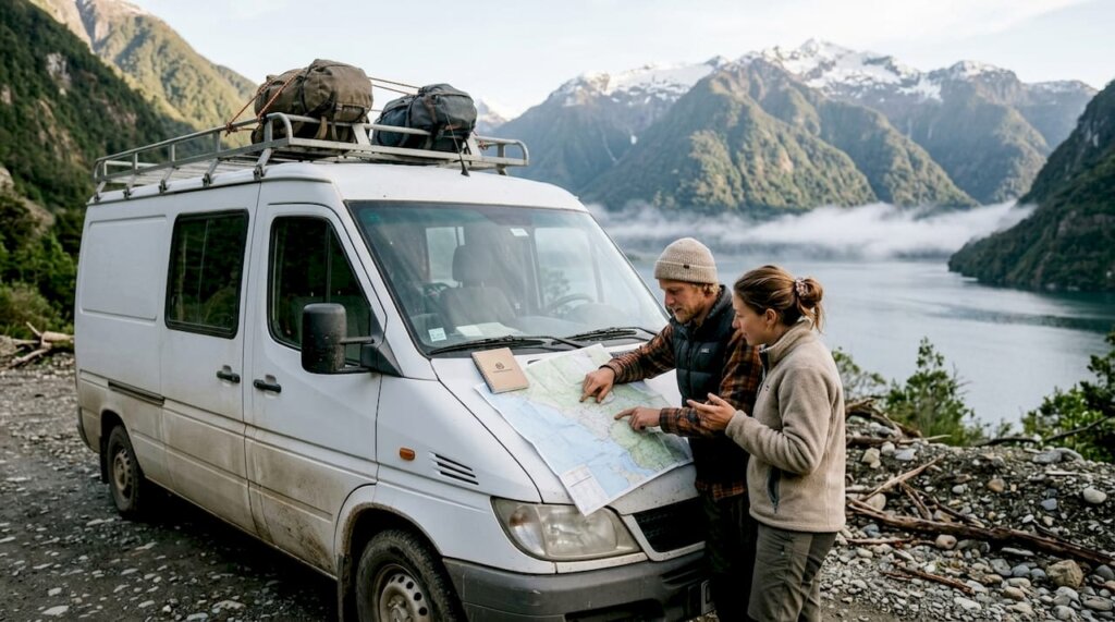 Una pareja consulta un mapa junto a su camper estacionado en una ruta chilena.