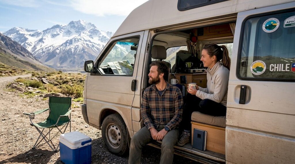 Una pareja disfruta de su viaje en una furgoneta camper, rodeados por las impresionantes montañas de Chile.