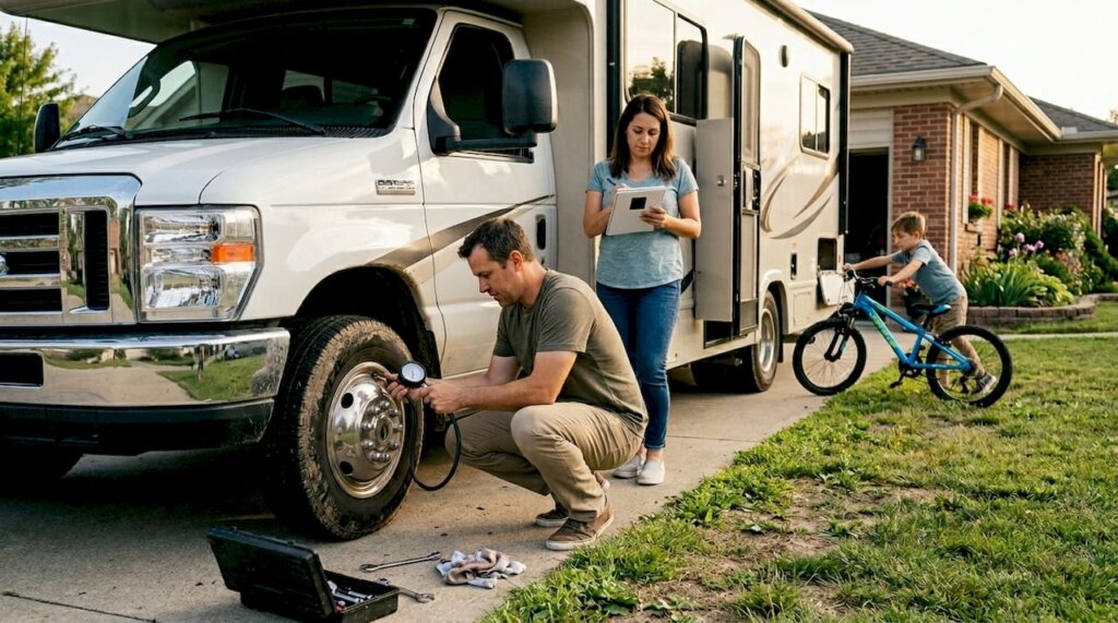 Una familia realiza una revisión de su caravana antes de salir de viaje