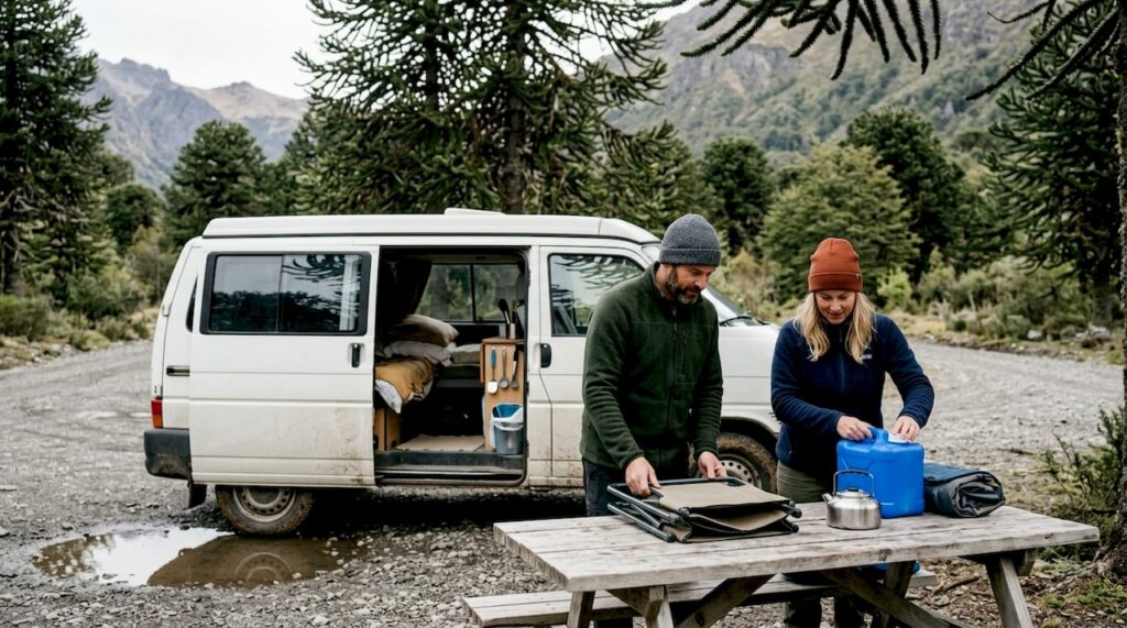 Un grupo de campistas acomoda el equipo imprescindible junto a la furgoneta antes de comenzar su aventura.