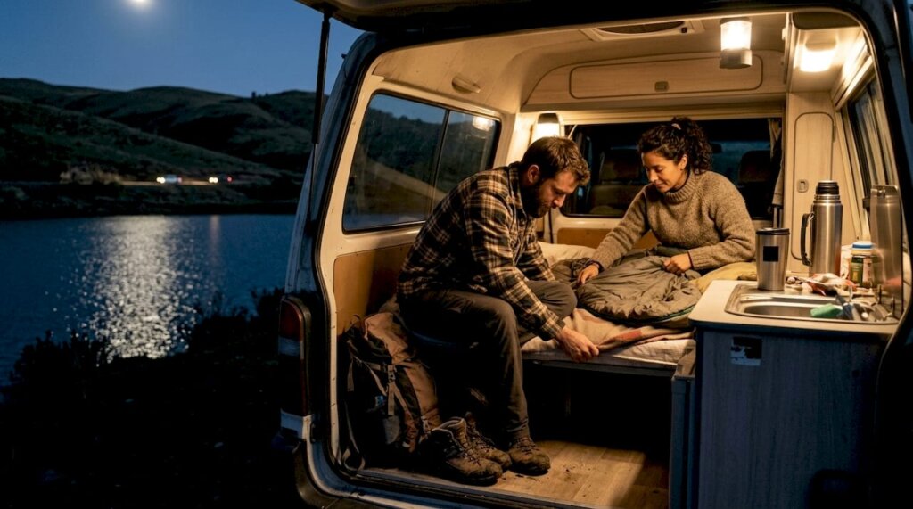 Una pareja acomoda la cama dentro de una furgoneta camper en Chile.