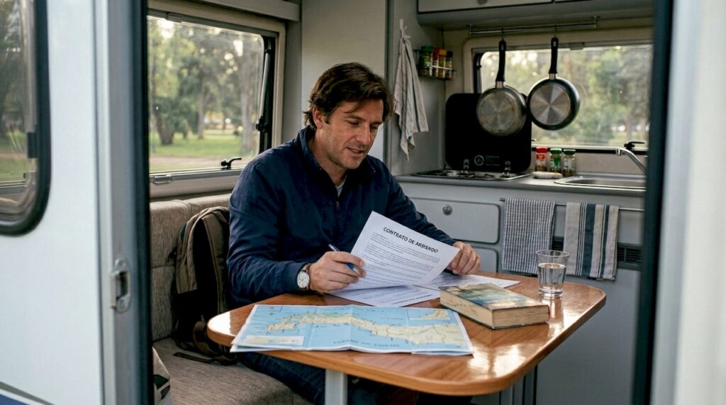 Inquilino revisando el contrato de alquiler dentro de su casa rodante
