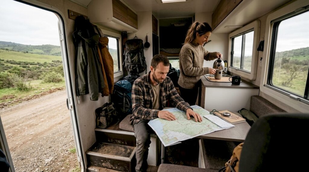 Una pareja se prepara para recorrer Chile en su camper, planificando cada detalle de la aventura.