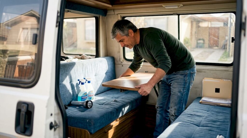 Propietario inspeccionando el interior del camper antes de ponerlo en alquiler