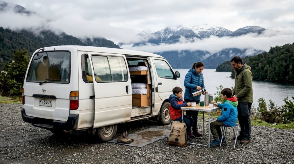 Familia recorriendo la Carretera Austral en su furgoneta camper