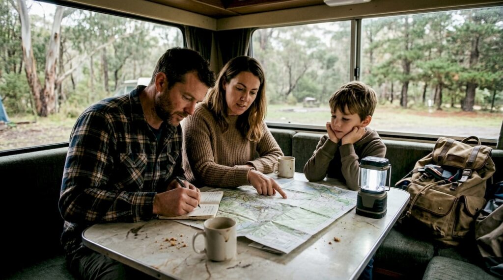 Una familia organiza los preparativos para su próxima aventura en autocaravana durante una escapada de camping.