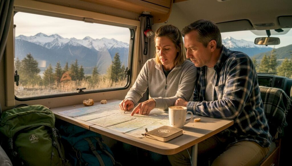 Una familia planificando su ruta con un mapa dentro de su caravana
