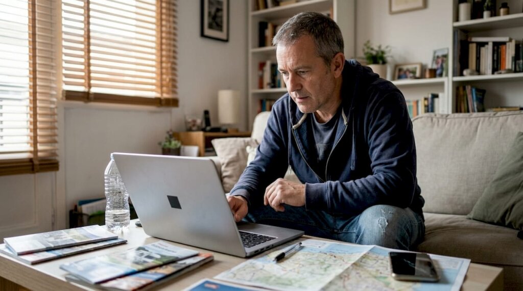 Hombre revisando anuncios de autocaravanas desde el sofá de su casa