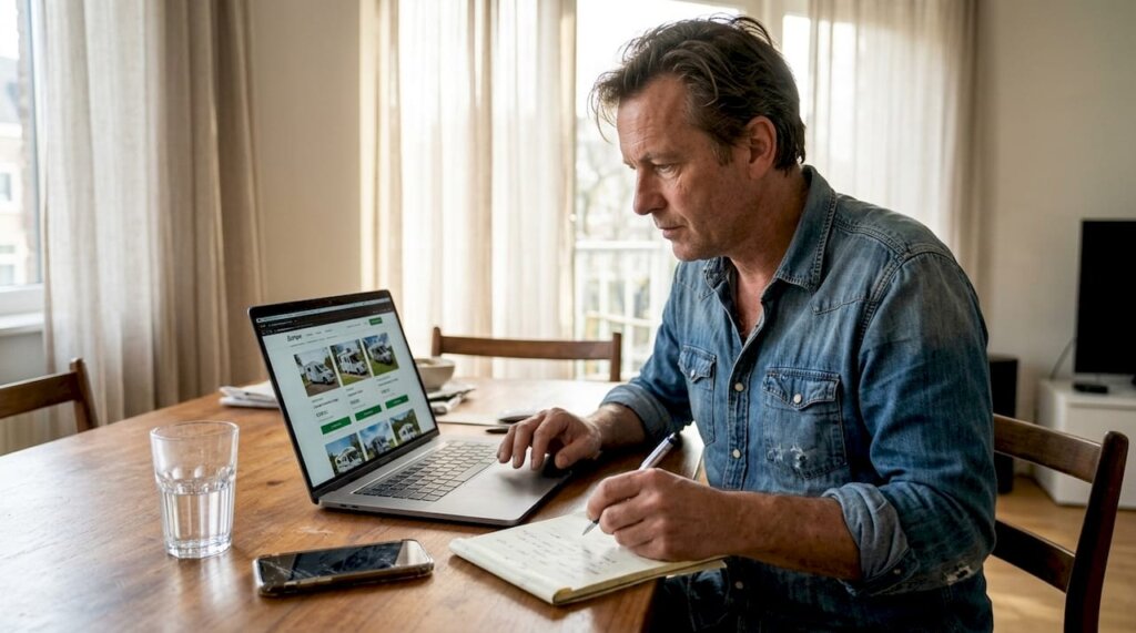 Hombre revisando y comparando precios para alquilar una camper en Chile
