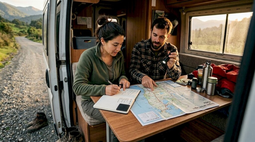 Una pareja inspecciona el equipamiento de su camper en Chile