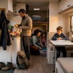 Una familia disfruta preparando la comida y organizando su camper a orillas de un lago.