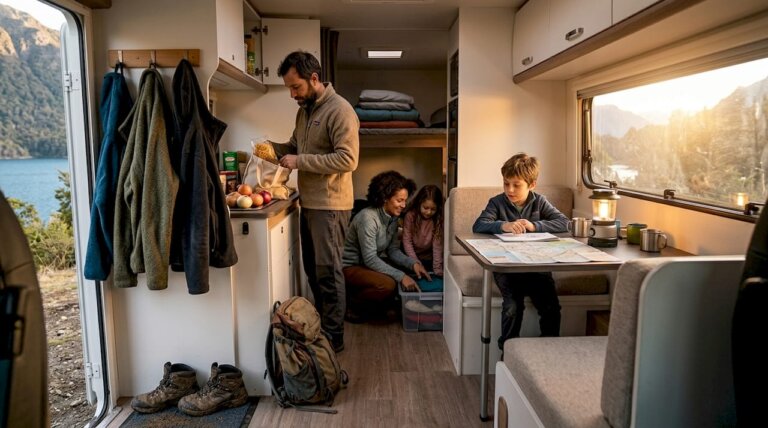 Una familia disfruta preparando la comida y organizando su camper a orillas de un lago.