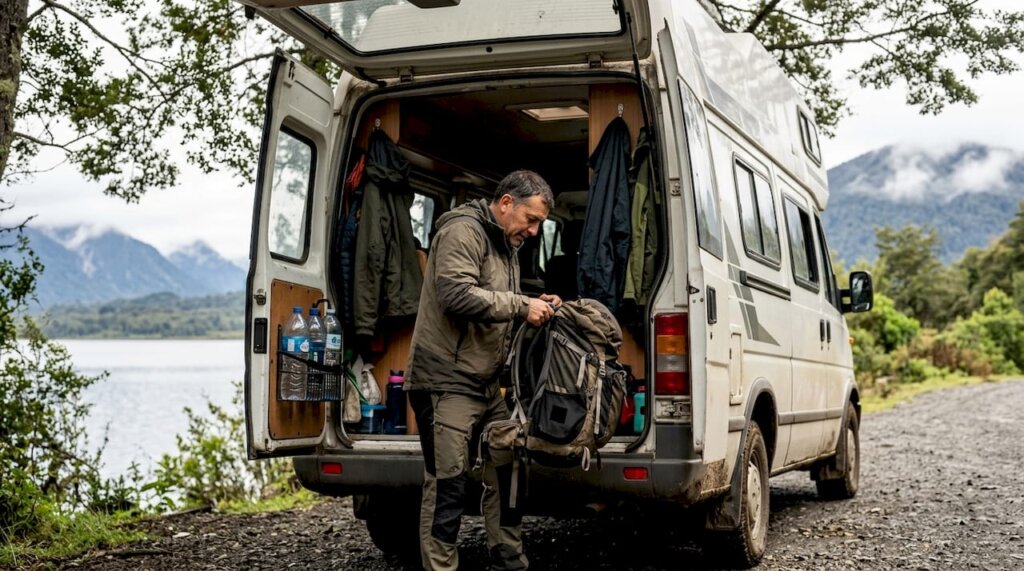 Una camper estacionada a orillas de un lago en Chile