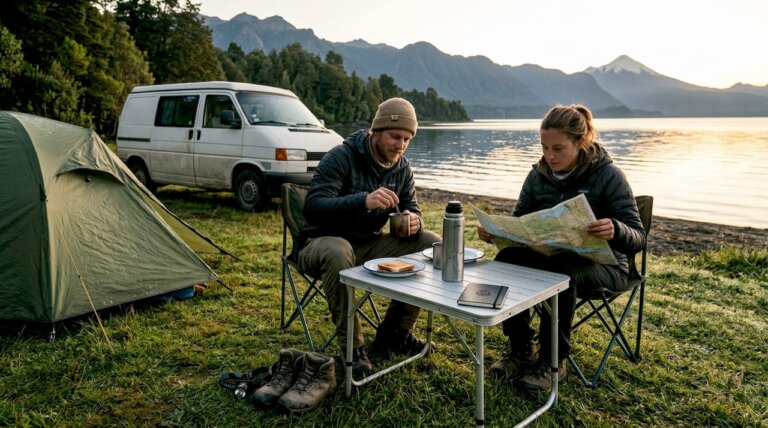 Una pareja disfruta de una escapada de camping junto a su camper, con vistas a un lago en el sur de Chile.