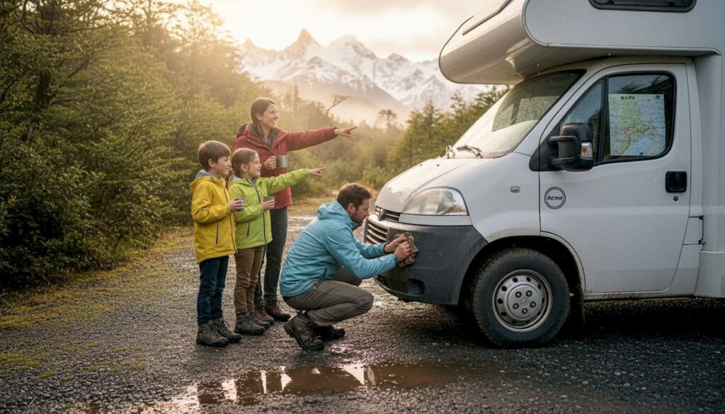 Familia disfrutando de una aventura en caravana entre los bosques de la Patagonia