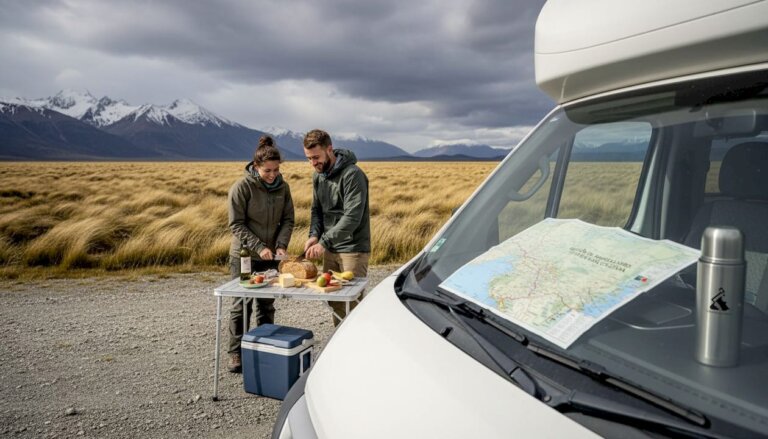 Una pareja cocina al aire libre junto a su camper, rodeada de la belleza del paisaje chileno.