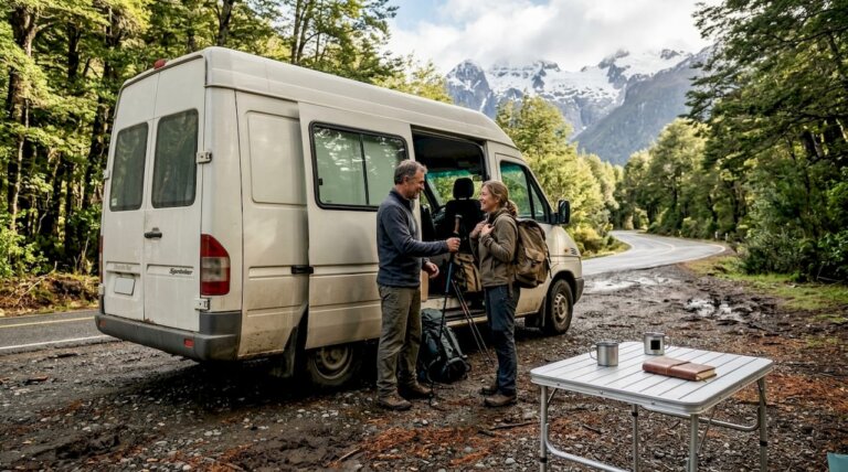 Una pareja descarga su casa rodante en plena ruta patagónica.