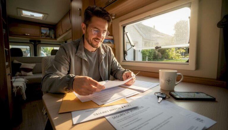 Propietario chileno de una camper organizando papeles dentro de su furgoneta
