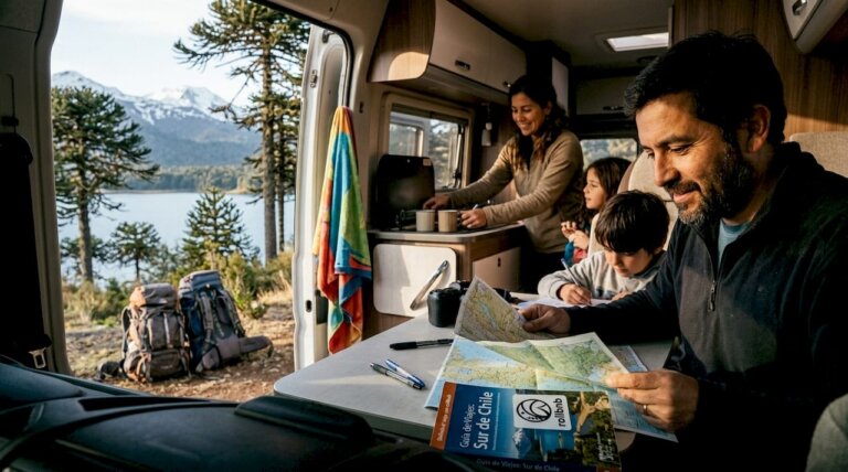 Una familia disfruta de unas vacaciones en su casa rodante a orillas de un lago en Chile.
