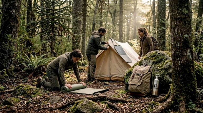 Un grupo de campistas arma una carpa autosuficiente en medio de un bosque chileno.
