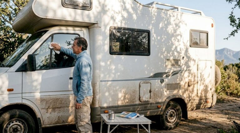 Propietario de una casa rodante realizando la limpieza de su vehículo en plena campiña chilena.