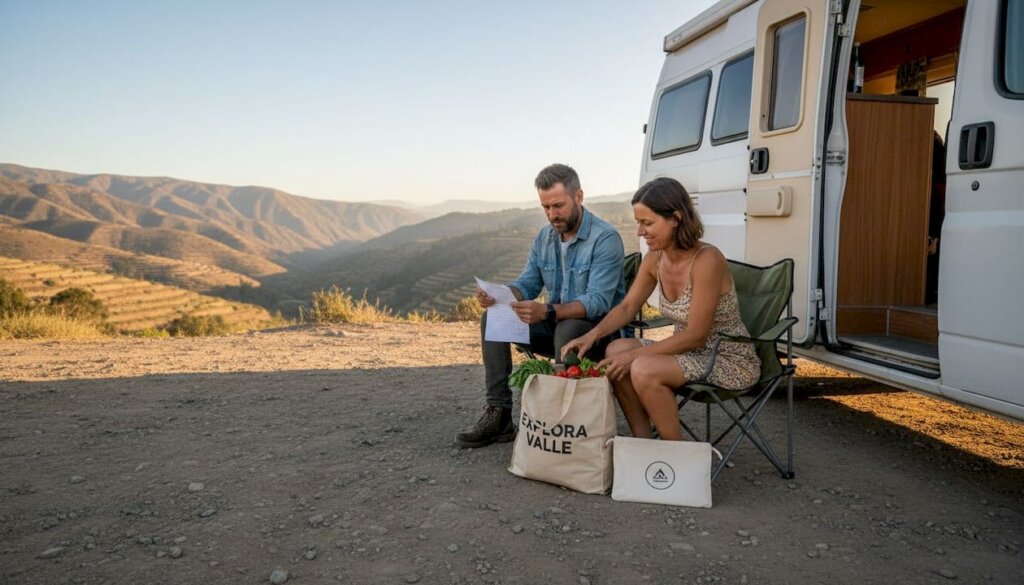 Un grupo de viajeros prepara la comida al lado de su furgoneta camper.