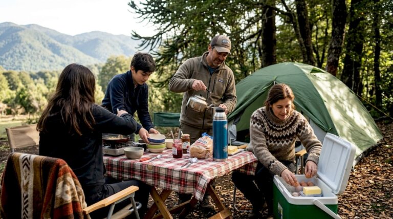 Una familia chilena disfruta de un desayuno juntos en un camping moderno, rodeados de naturaleza y buen ambiente.