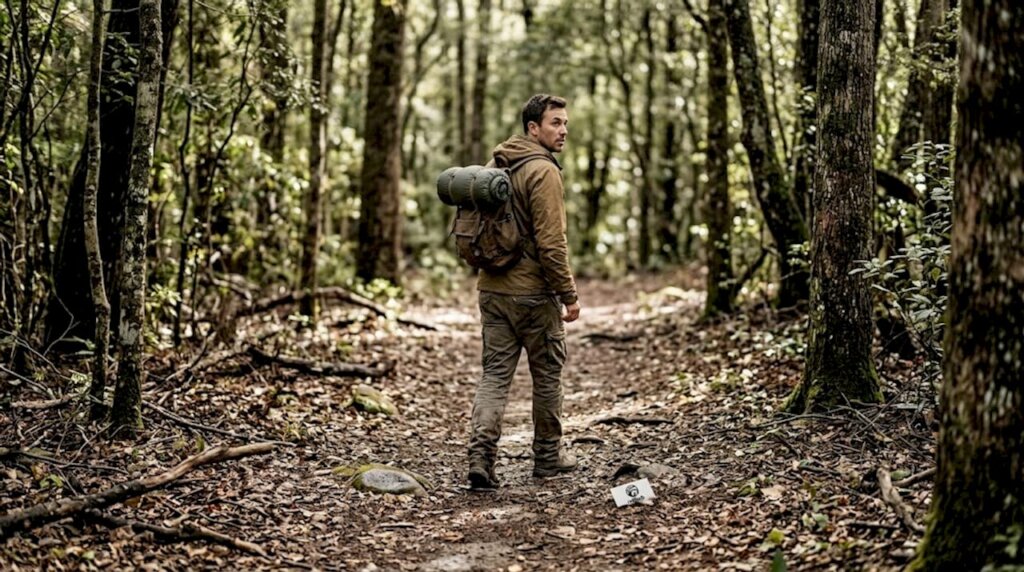 Un senderista atraviesa el bosque llevando solo lo imprescindible en su mochila.
