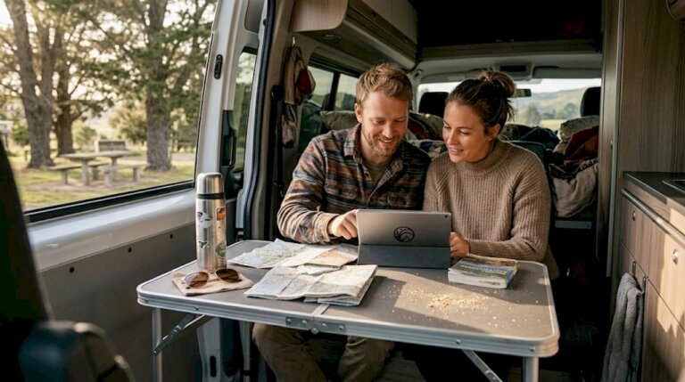 Una pareja consulta información en una tablet mientras disfruta de su camper aparcado.