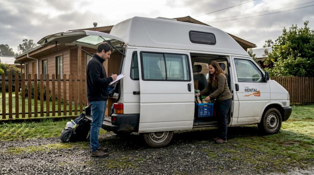 Una pareja pone a punto su camper para alquilarla en Chile.