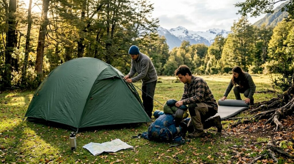 Primerizos armando su carpa en un parque nacional de Chile