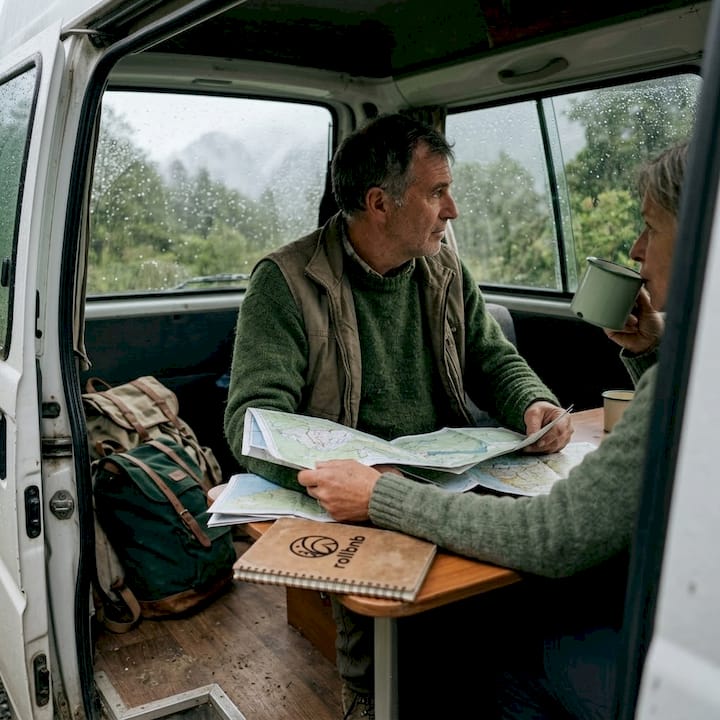 Viajeros disfrutando del interior de su casa rodante mientras recorren una carretera chilena