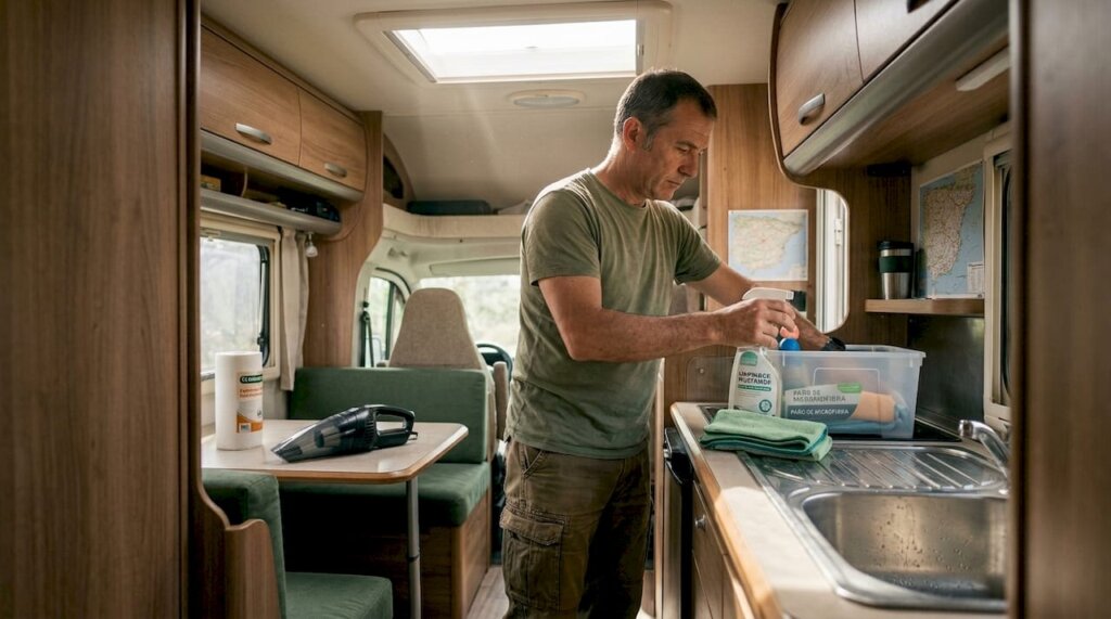 Hombre ordenando los productos de limpieza dentro de la caravana