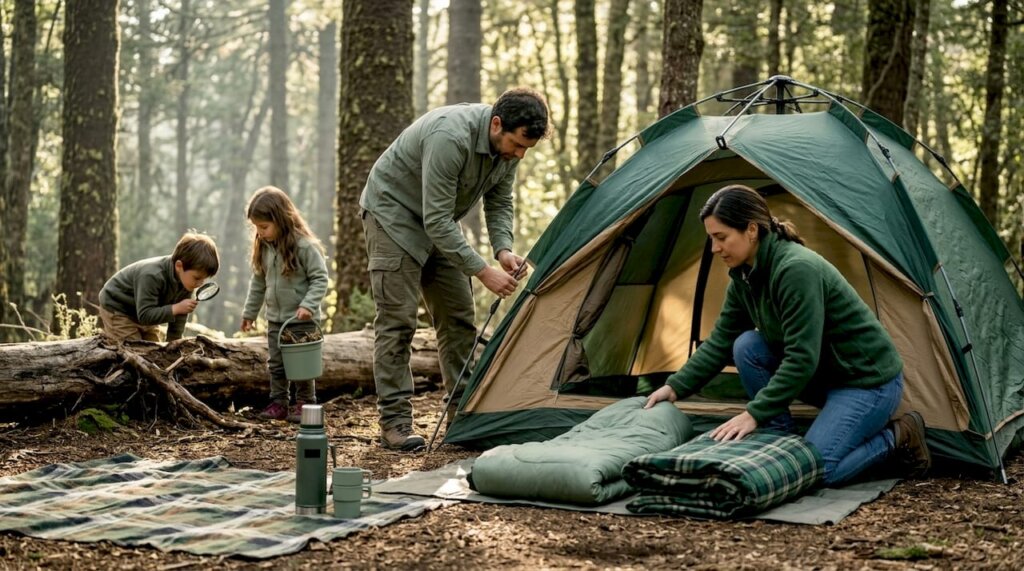 Una familia con niños monta su tienda de campaña en medio del bosque, disfrutando juntos de la aventura al aire libre.