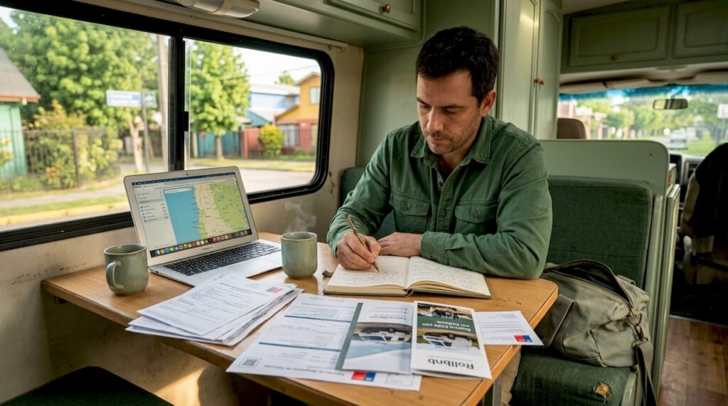 Propietario organizando la documentación para el alquiler de la autocaravana en el interior