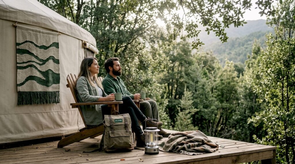 Una pareja saborea un café en una cafetería con encanto en medio de un glamping chileno.