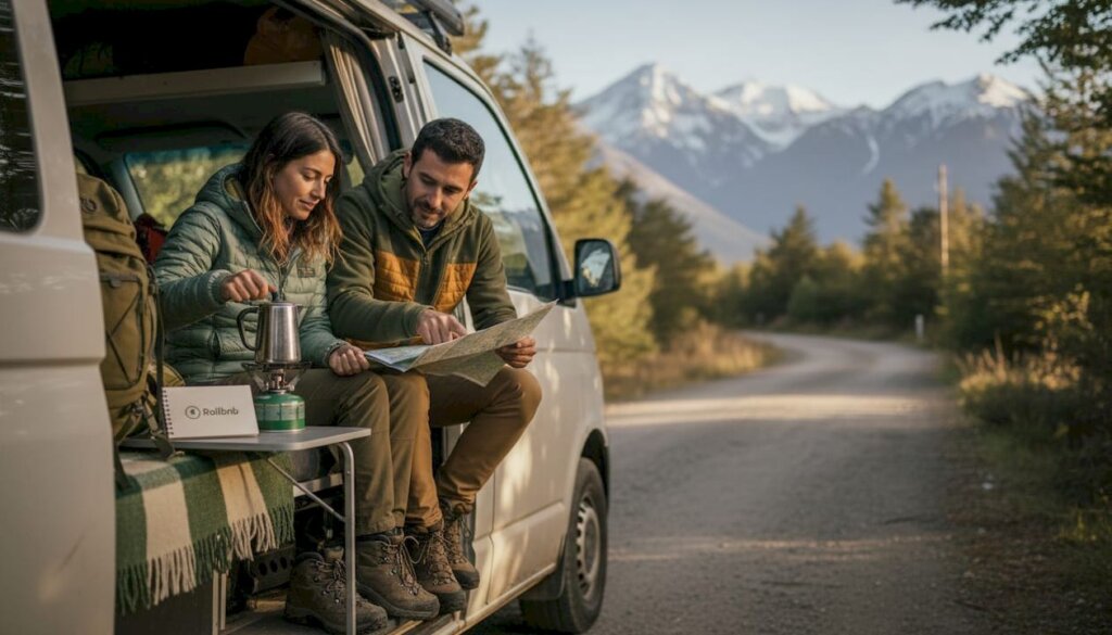 Una pareja disfruta de su furgoneta camper con vistas a las imponentes montañas de Chile.
