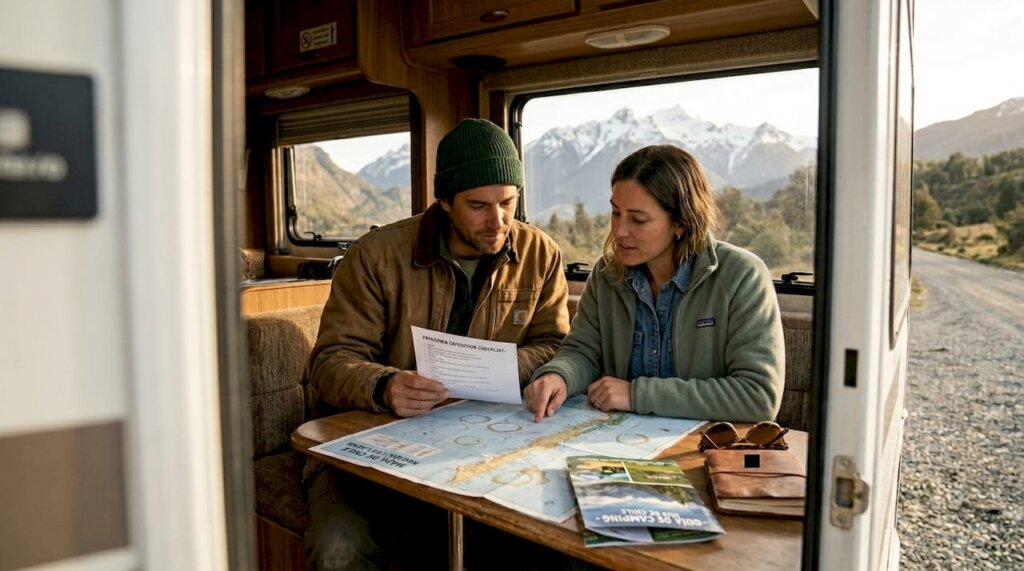 Couple reviewing checklist inside Chilean RV