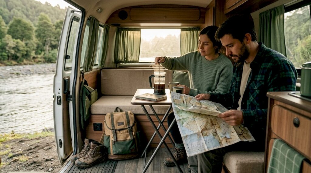 Una pareja disfruta de una mañana en su furgoneta, preparando café mientras contempla el río.