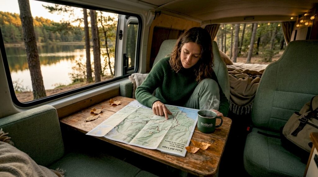 Una viajera prepara su próximo recorrido en su furgoneta camper, disfrutando de las vistas junto a un lago.