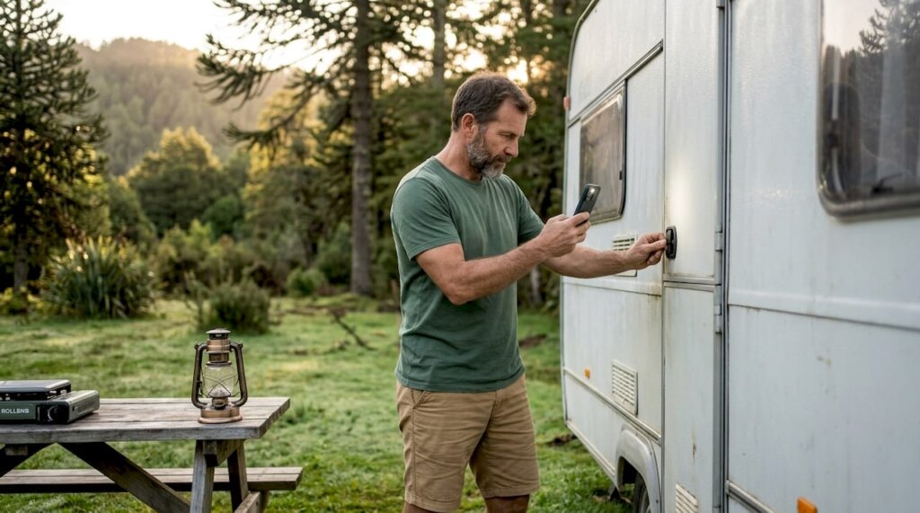Hombre comprobando que su caravana está bien cerrada en el camping